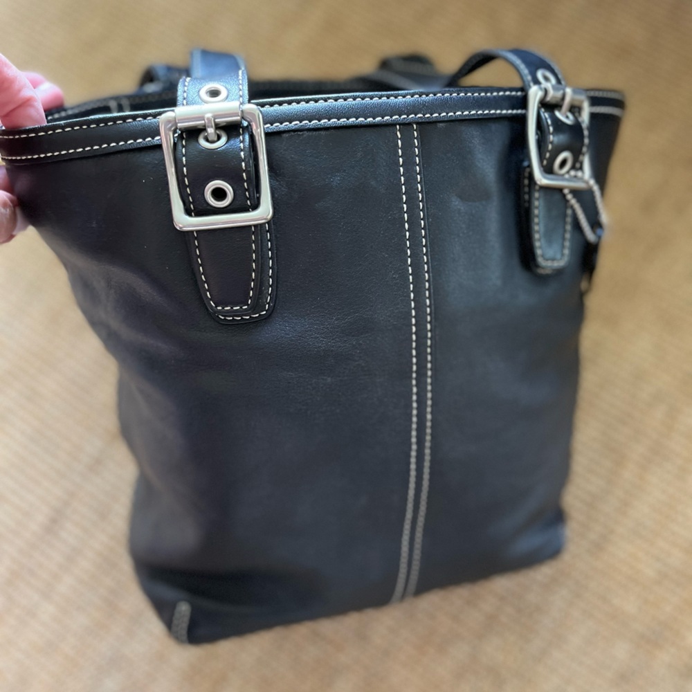 Vintage Black genuine leather Coach bucket tote with silver tone, top stitching
